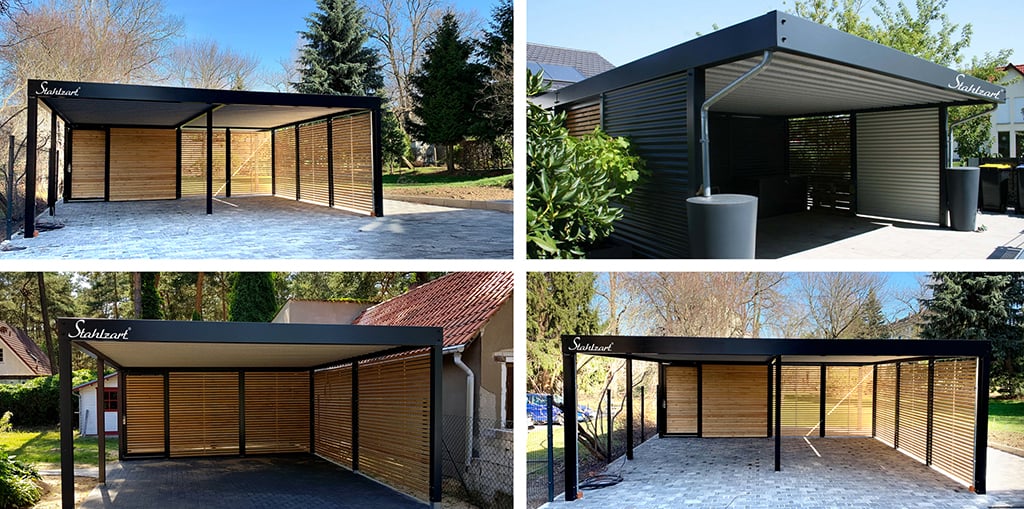 Carport Metall mit Abstellraum aus Stahl & Holz, modern