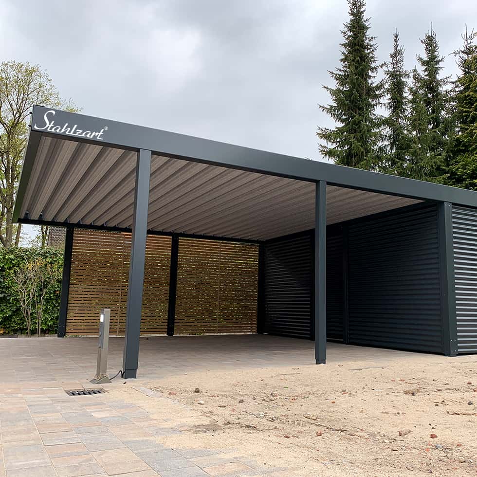 design-carports-carport-doppelcarport-holz-metall-stahl-mit-abstellraum-blickdicht-wellblech-verkleidung-modern-nach-mass-flachdach-stahlzart