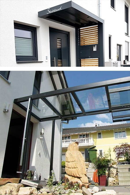 vordach-haustuer-hauseingang-holz-seitenteil-glas-modern-bauen-anthrazit-edelstahl-ideen-terrasse-haus-aluminium-stuetzen-eingangstuer-metall-freitragend-stahlzart