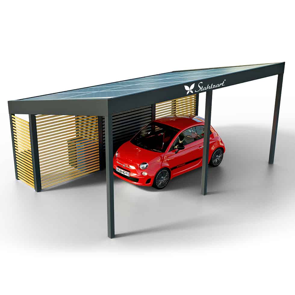 solar-carport-mit-schraegdach-solar-carports-e-fahrzeuge-pv-anlage-solarcarport-strom-solaranalge-carportdach-e-auto-fiat-500e-holz-metall-mit-schuppen-fuer-muelltonnen-design-stahlzart