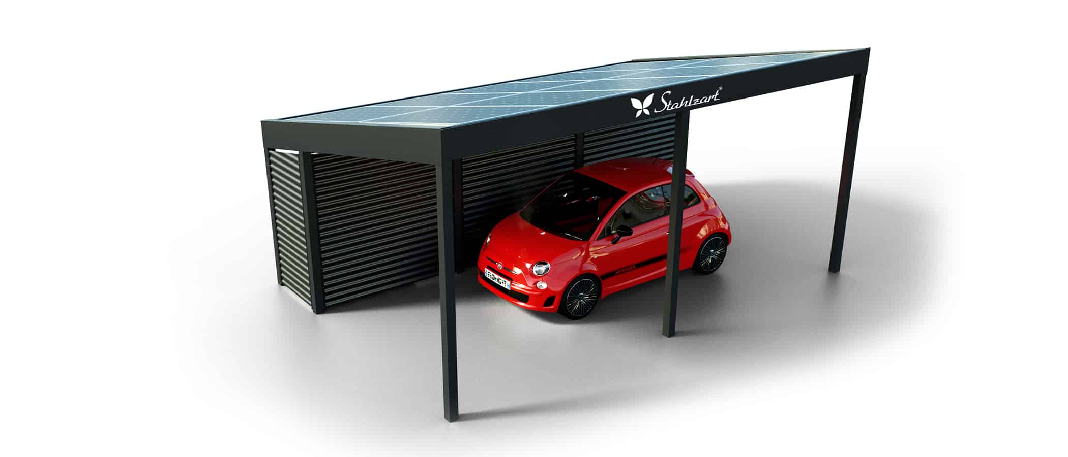 solar-carport-mit-schraegdach-solar-carports-e-fahrzeuge-pv-anlage-solarcarport-strom-solaranalge-carportdach-e-auto-fiat-500e-stahl-metall-mit-schuppen-wellblech-modern-stahlzart