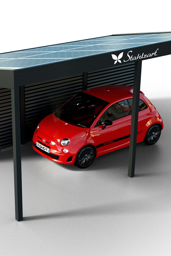 solar-carport-mit-schraegdach-solar-carports-e-fahrzeuge-pv-anlage-solarcarport-strom-solaranalge-carportdach-e-auto-fiat-500e-stahl-metall-mit-schuppen-wellblech-stahlzart