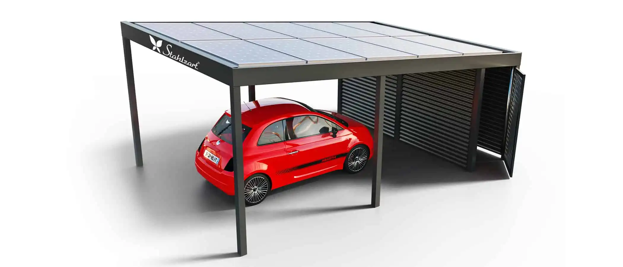 solar-carport-mit-pultdach-carports-solarcarport-pultdach-carportdach-design-strom-angebot-photovoltaikanlage-module-solardach-dachflaeche-metall-stahl-einzelcarport-mit-schuppen-tuer-stahlzart