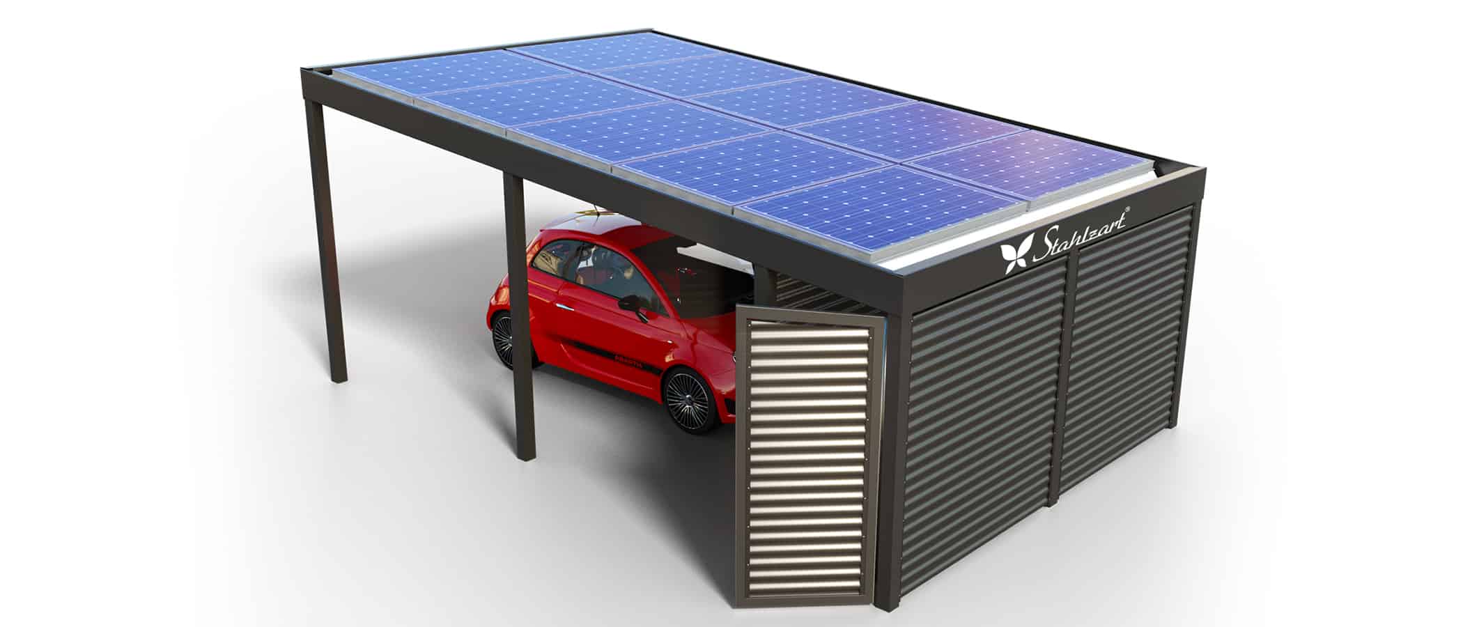 solar-carport-mit-pultdach-carports-solarcarport-pultdach-carportdach-design-strom-angebot-photovoltaikanlage-module-solardach-dachflaeche-metall-stahl-stahlcarport-abstellraum-tuer-stahlzart