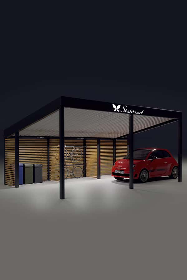 stahlzart-solar-carport-carports-e-fahrzeuge-solaranlage-strom-solarcarport-e-auto-kosten-30-jahre-carportdach-photovoltaik-schraegdach-mueltonne-fiat-500-vorteile-fragen-holz-metall-stahl-modern