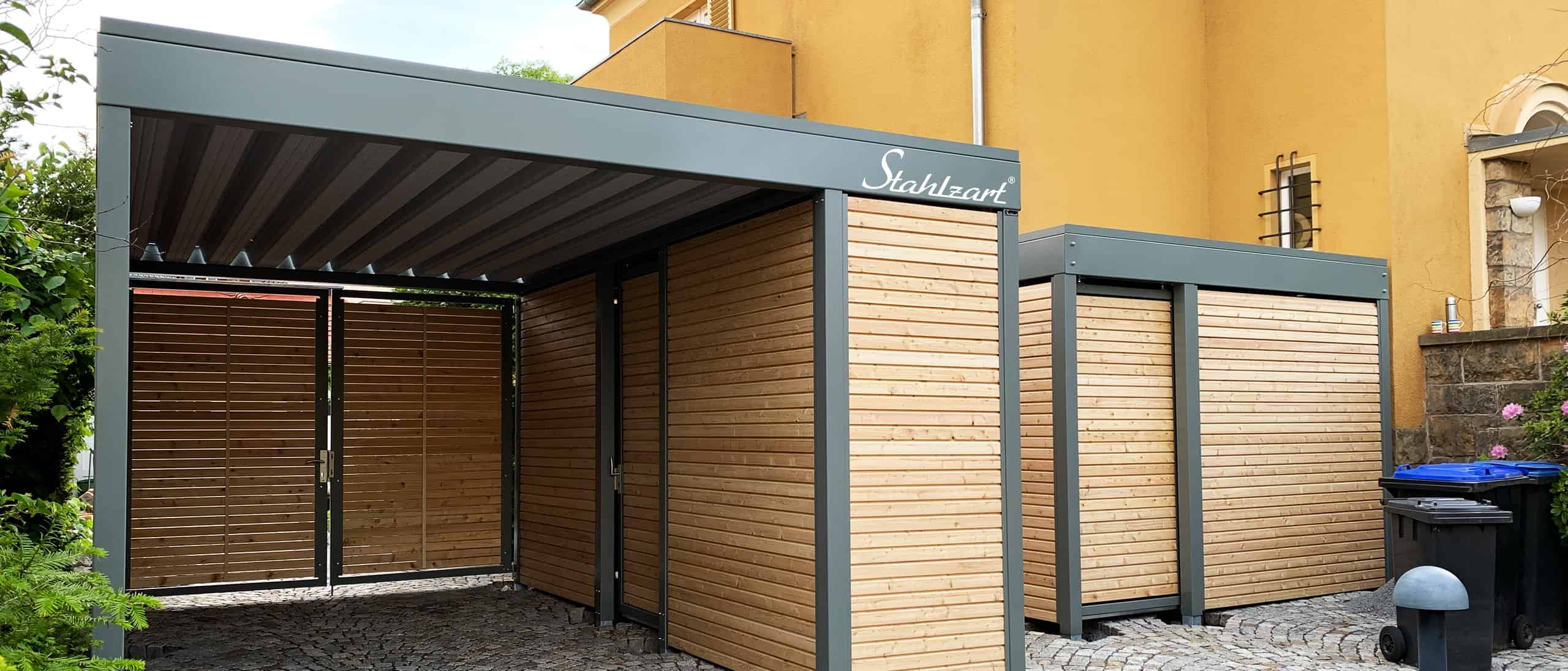 carport-holz-metall-mit-schuppen-am-haus-baugenehmigung-mit-tor-tuer-geraetehaus-fahrrad-garage-unterstand-dach-grau-modern-design-flachdach-carports-einzelcarports-stahlzart