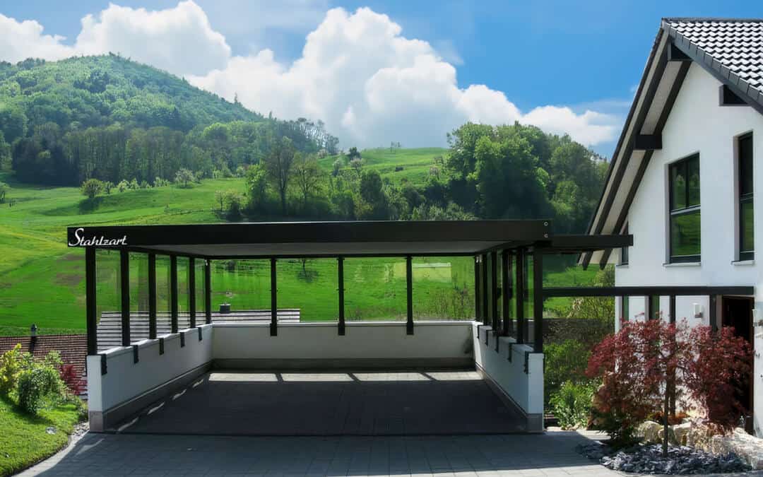 Doppelcarport mit Vordach aus Stahl & Glas – Zürich