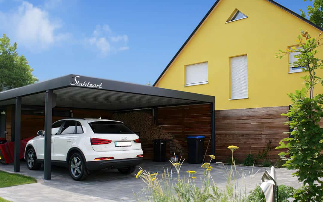 Stahlcarport mit Geräteraum & Sichtschutz Anbau – Leipzig