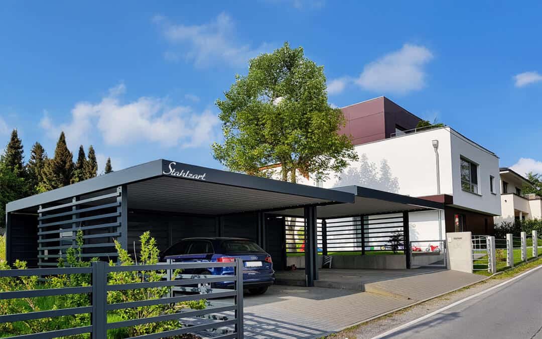 Design Doppelcarport mit Geräteraum, Sichtschutz Anbau & Gründach Vorbereitung – Dresden