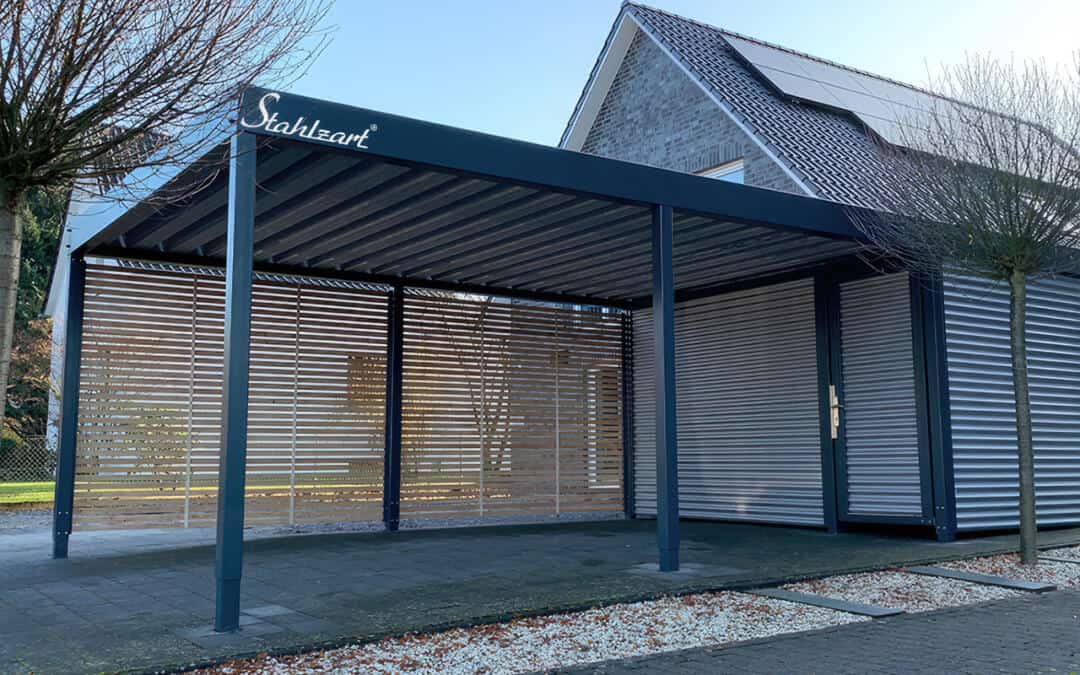 Einzelcarport Stahl mit Geräteraum – Markkleeberg