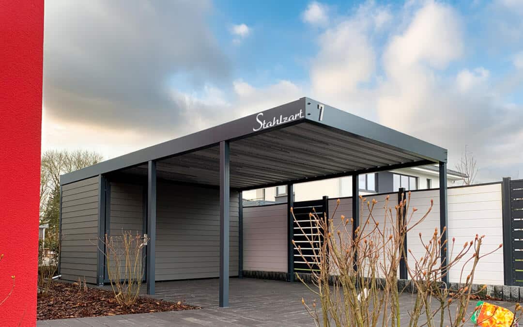 Einzelcarport Stahl WPC mit Geräteraum – Nordhausen
