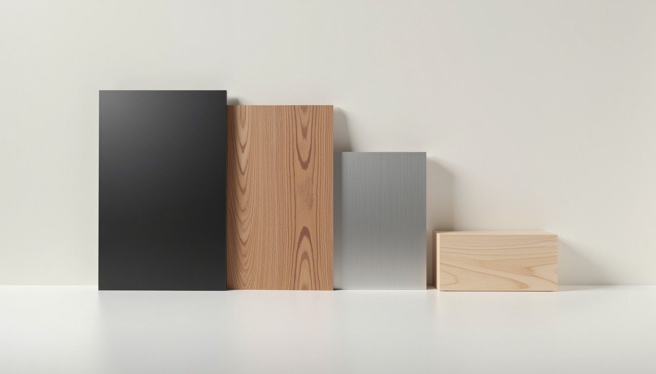 Finden Sie das perfekte Material für Ihr Budget und Ihren Stil. Vier Materialmuster für einen Carport-Vergleich nebeneinander aufgereiht: pulverbeschichteter Stahl, Holz, WPC und Aluminium.